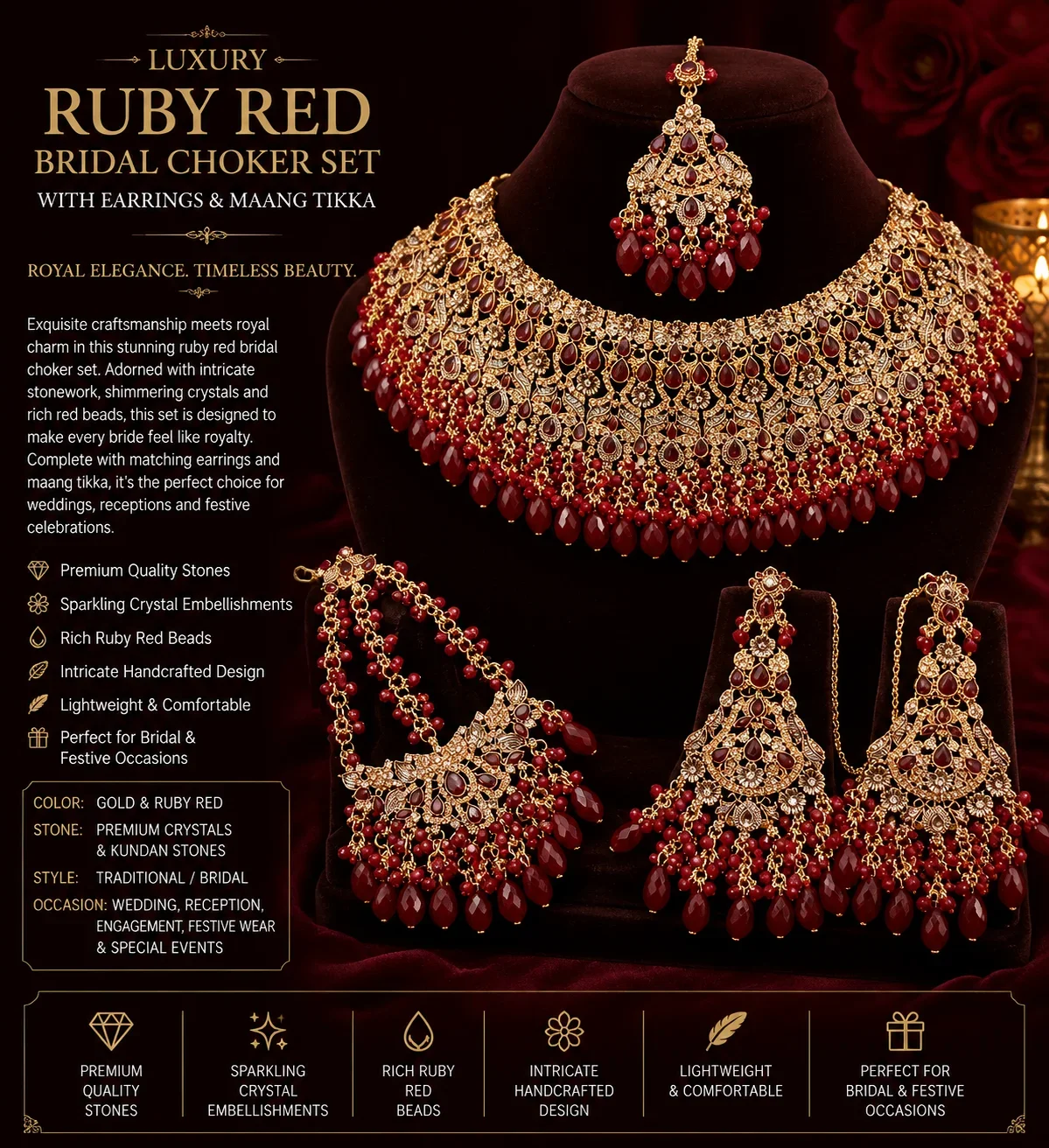 Luxury Ruby Red Bridal Choker Necklace Set with Earrings & Maang Tikka