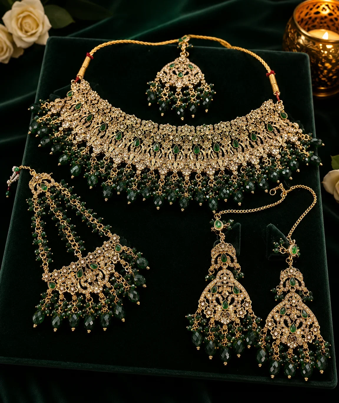 Elegant Green Kundan Bridal Jewelry Set