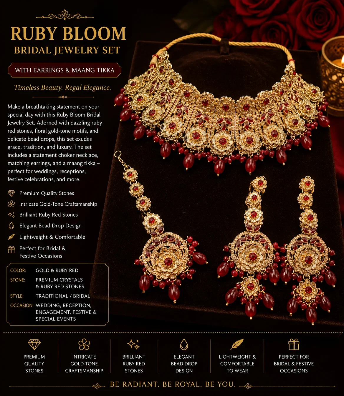 Royal Red Bridal Necklace Set with Earrings and Maang Tikka