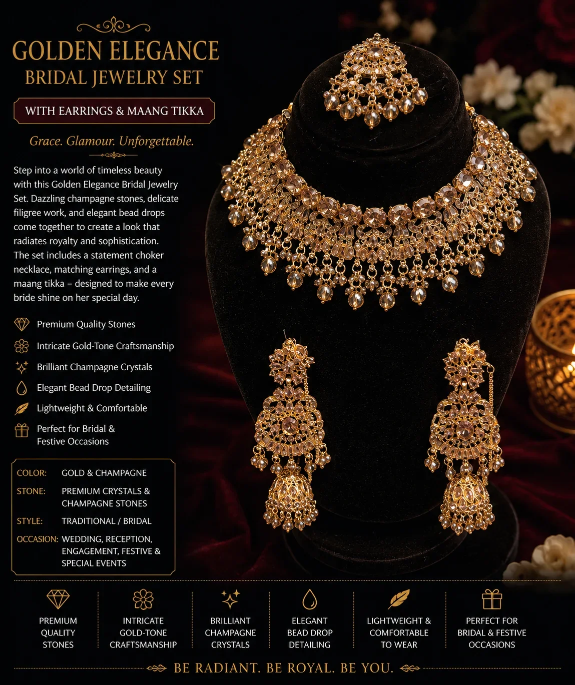 Golden Elegance Bridal NECKLACE Set with Jhumka Earrings & Maang Tikka