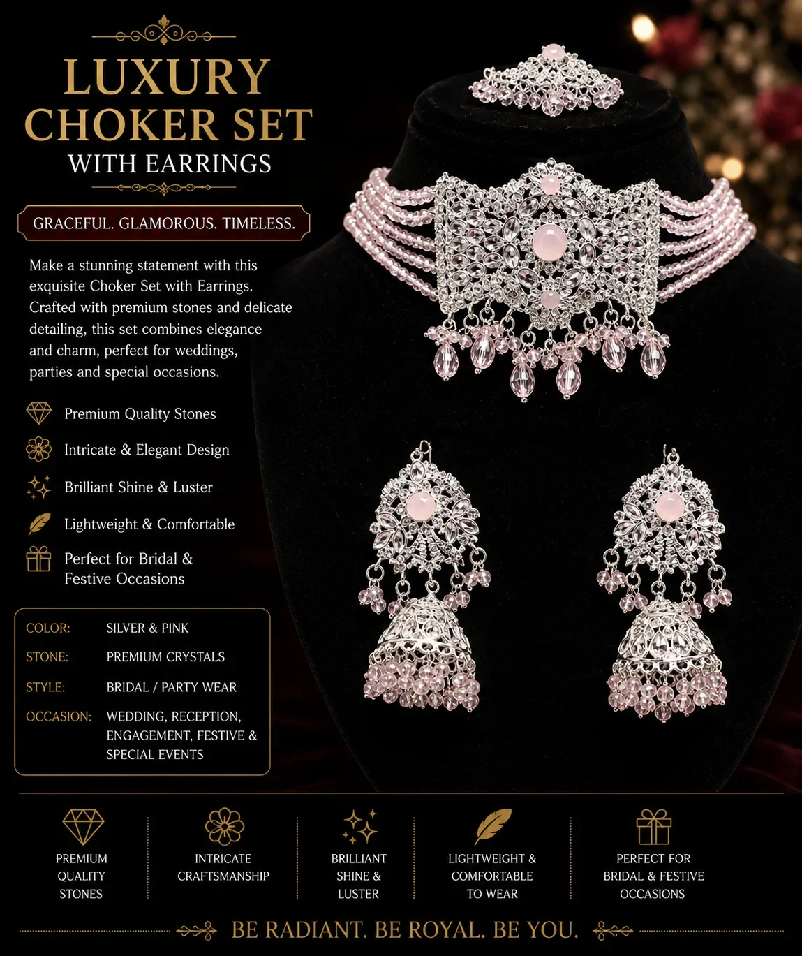 Silver Pink Crystal Choker Set with Earrings