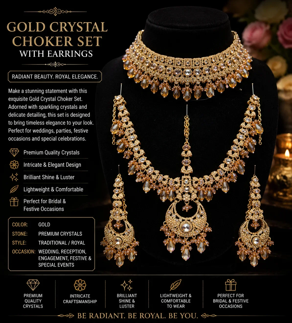 Elegant Gold-Toned Bridal NECKLACE and Necklace Set