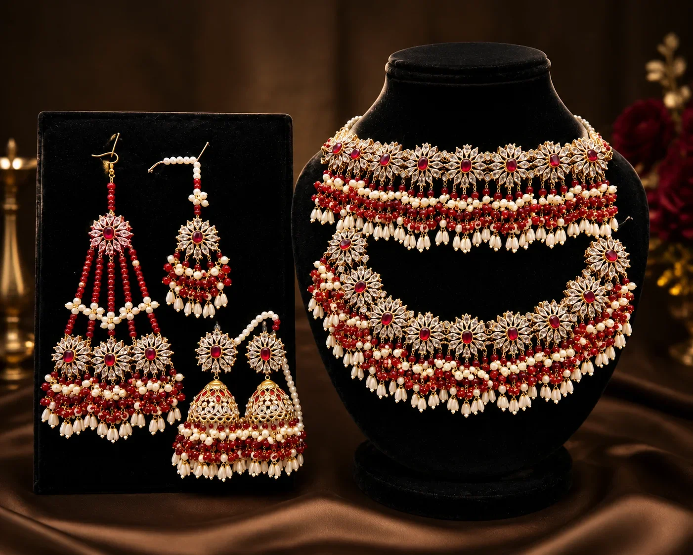 Luxury Double Bridal Jewelry Set – Red & Pearl Wedding Collection