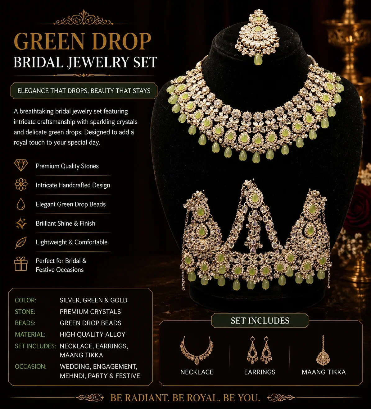 Elegant Green and Silver Bridal Jewelry Set