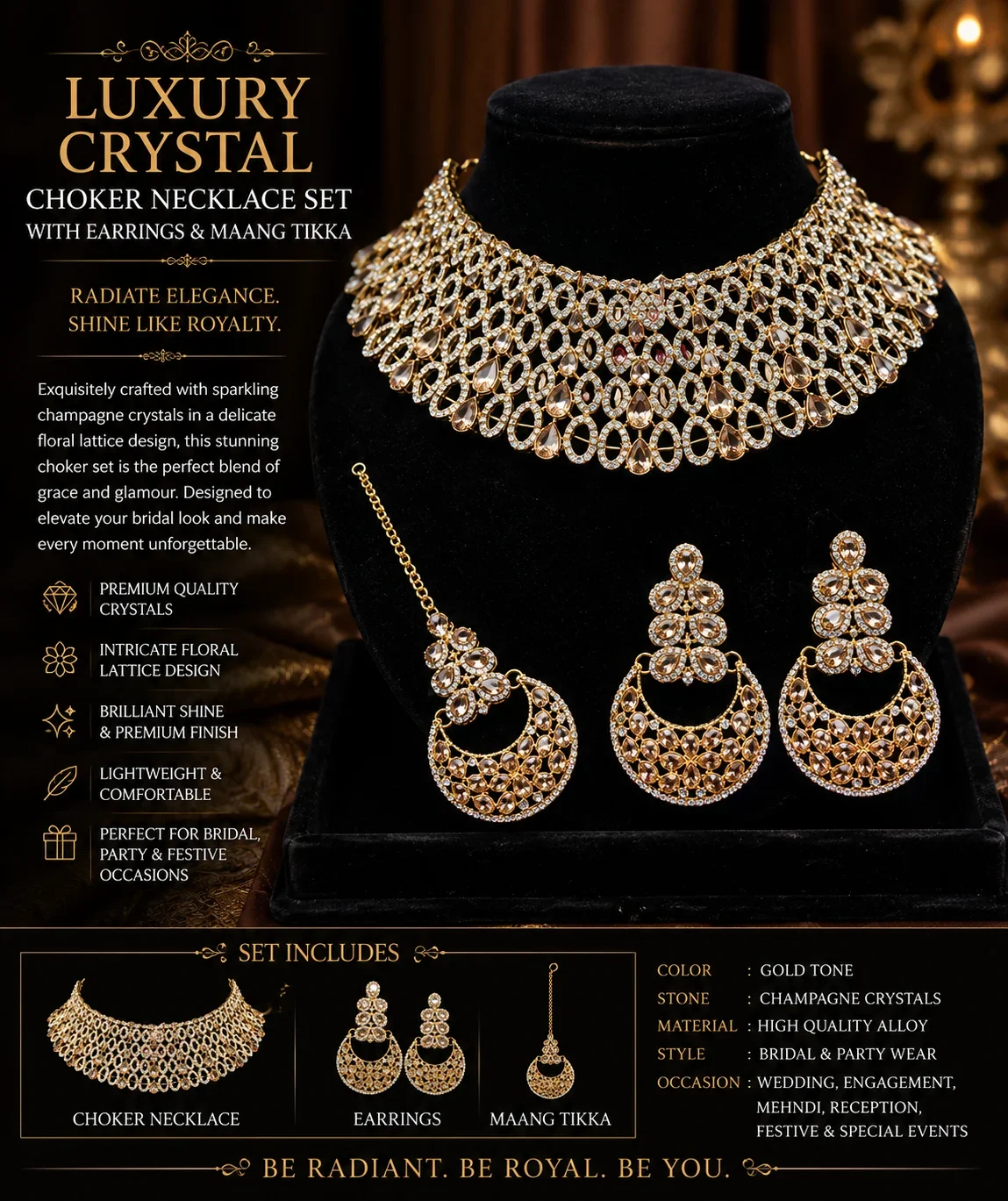Luxury Crystal Choker Necklace Set with Earrings & Maang Tikka