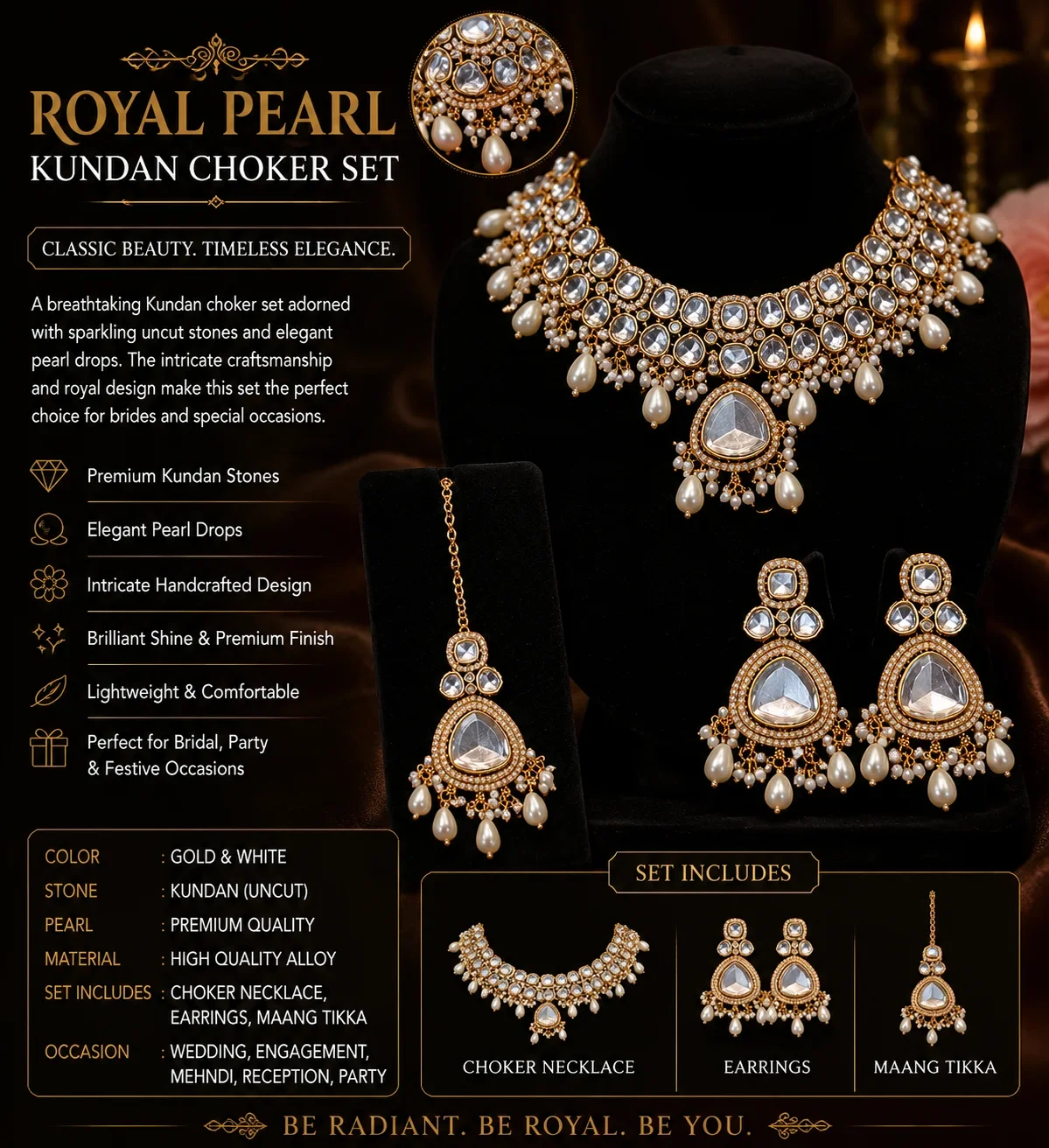 Royal Pearl Kundan NECKLACE Set with Earrings & Maang Tikka