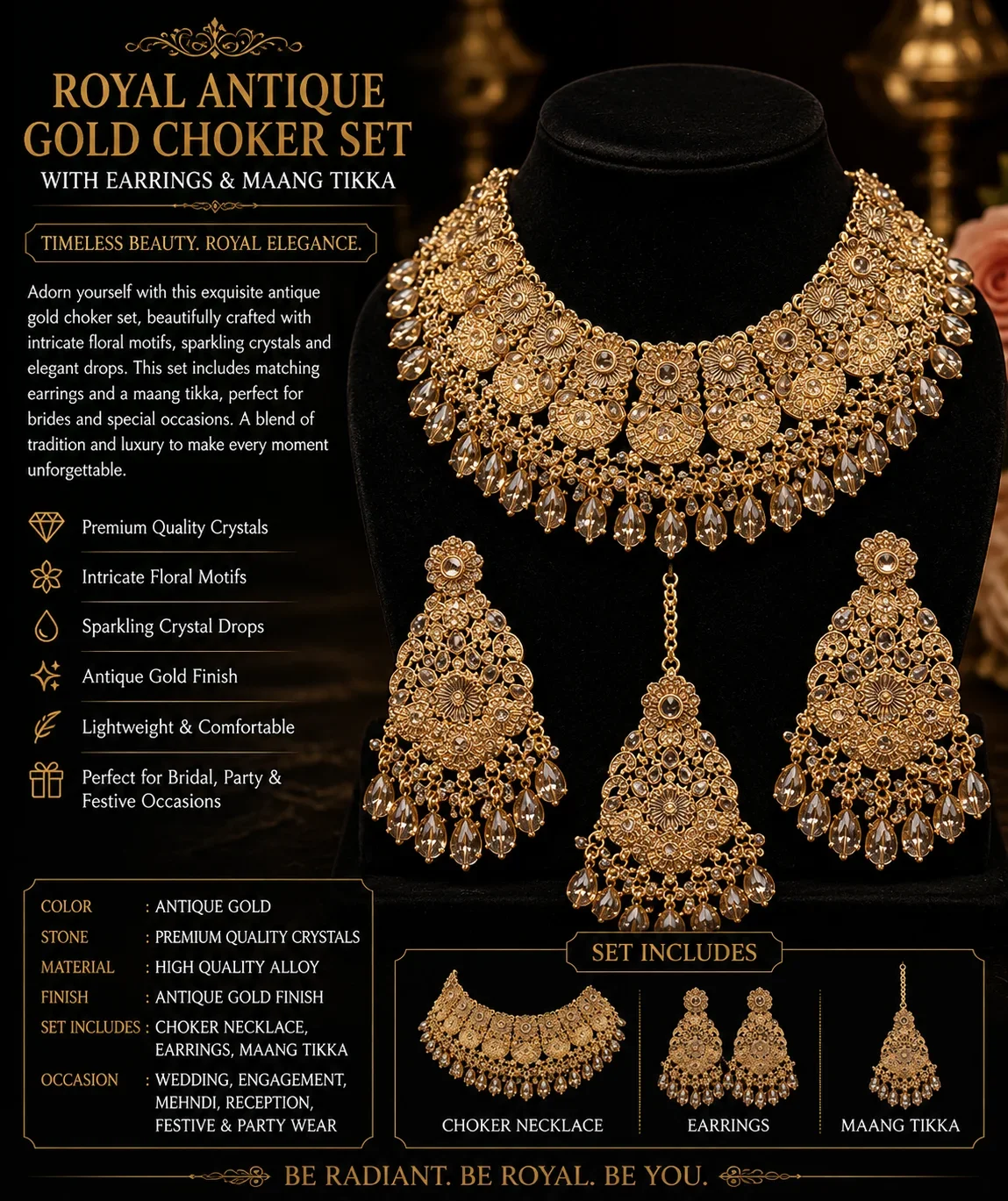 Royal Antique Gold NECKLACE Set with Earrings & Maang Tikka