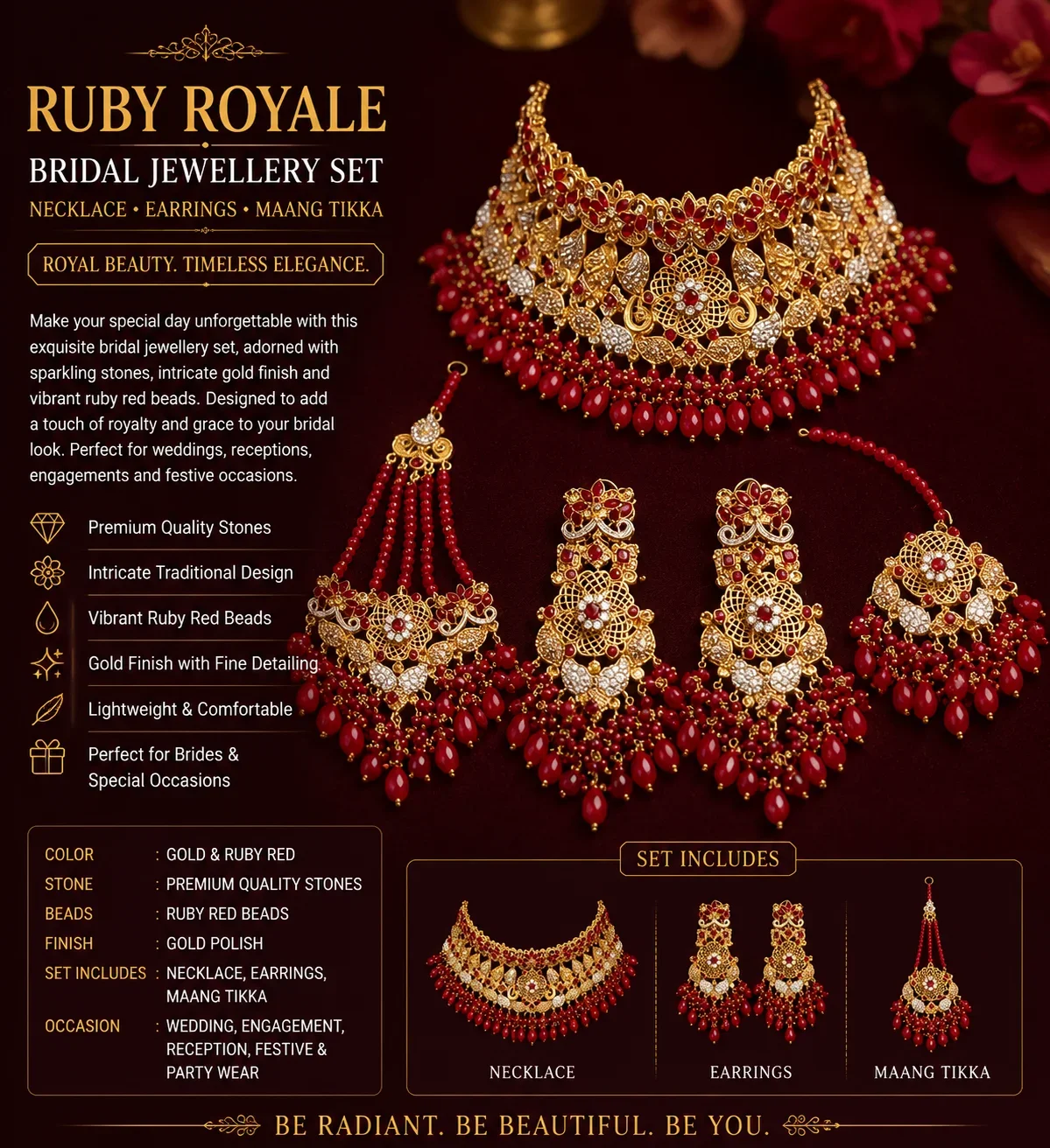 Royal Ruby Bridal Jewelry Set with Earrings & Maang Tikka