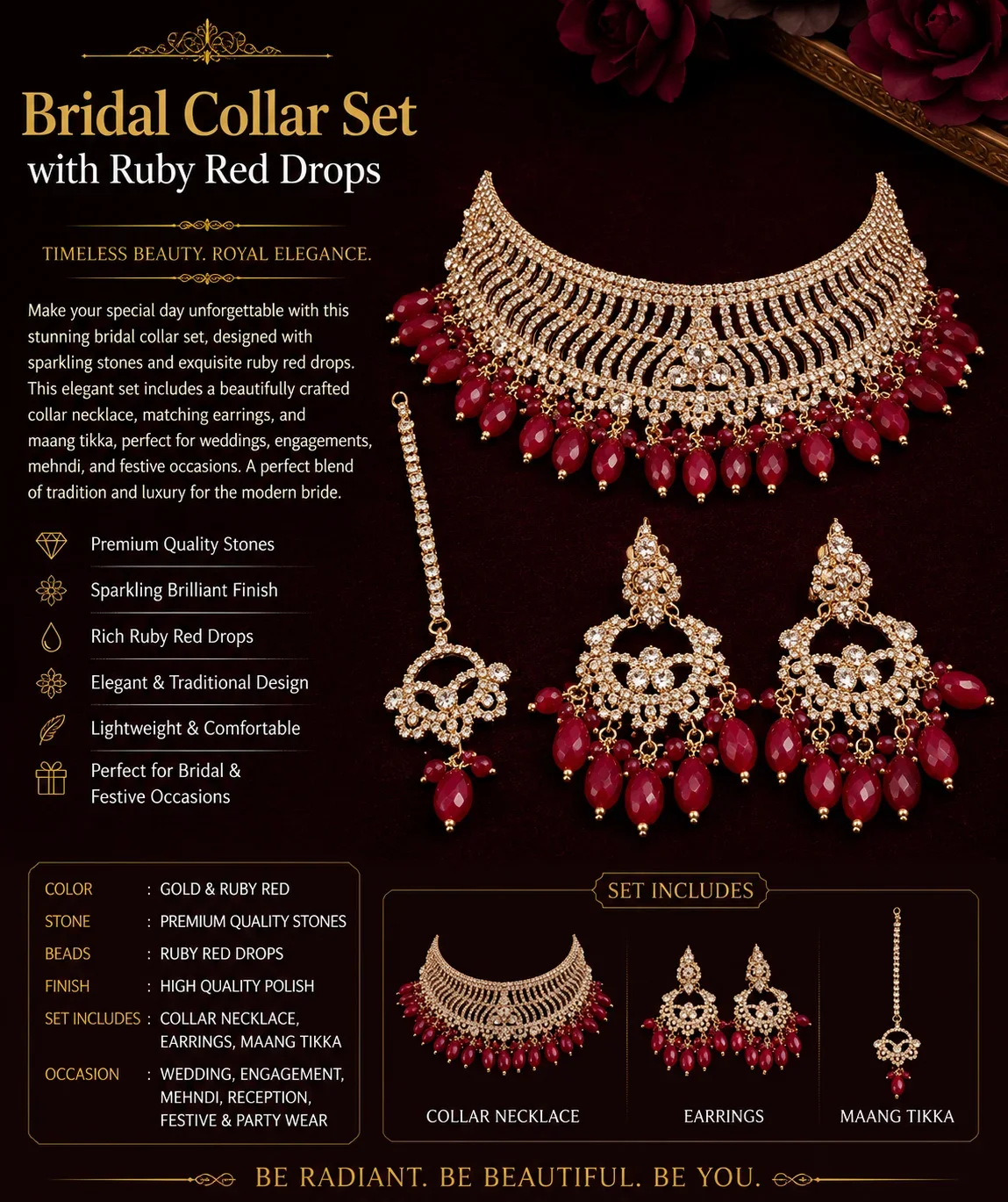 Bridal Collar Set with Ruby Red Drops