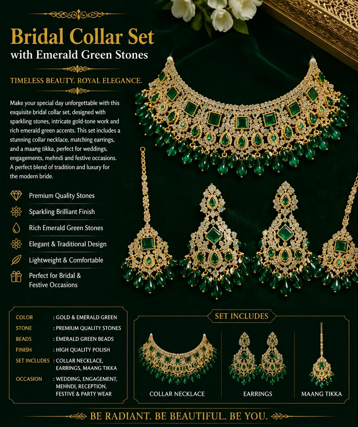 Bridal Collar Set with Emerald Green Stones