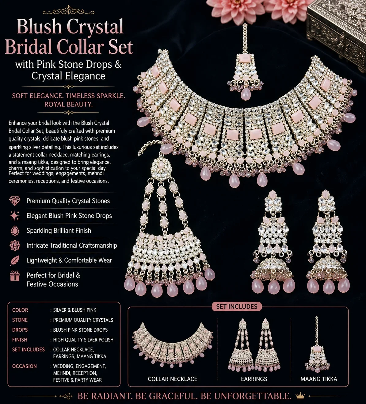 Blush Crystal Bridal Collar Set
with Pink Stone Drops & Crystal Elegance