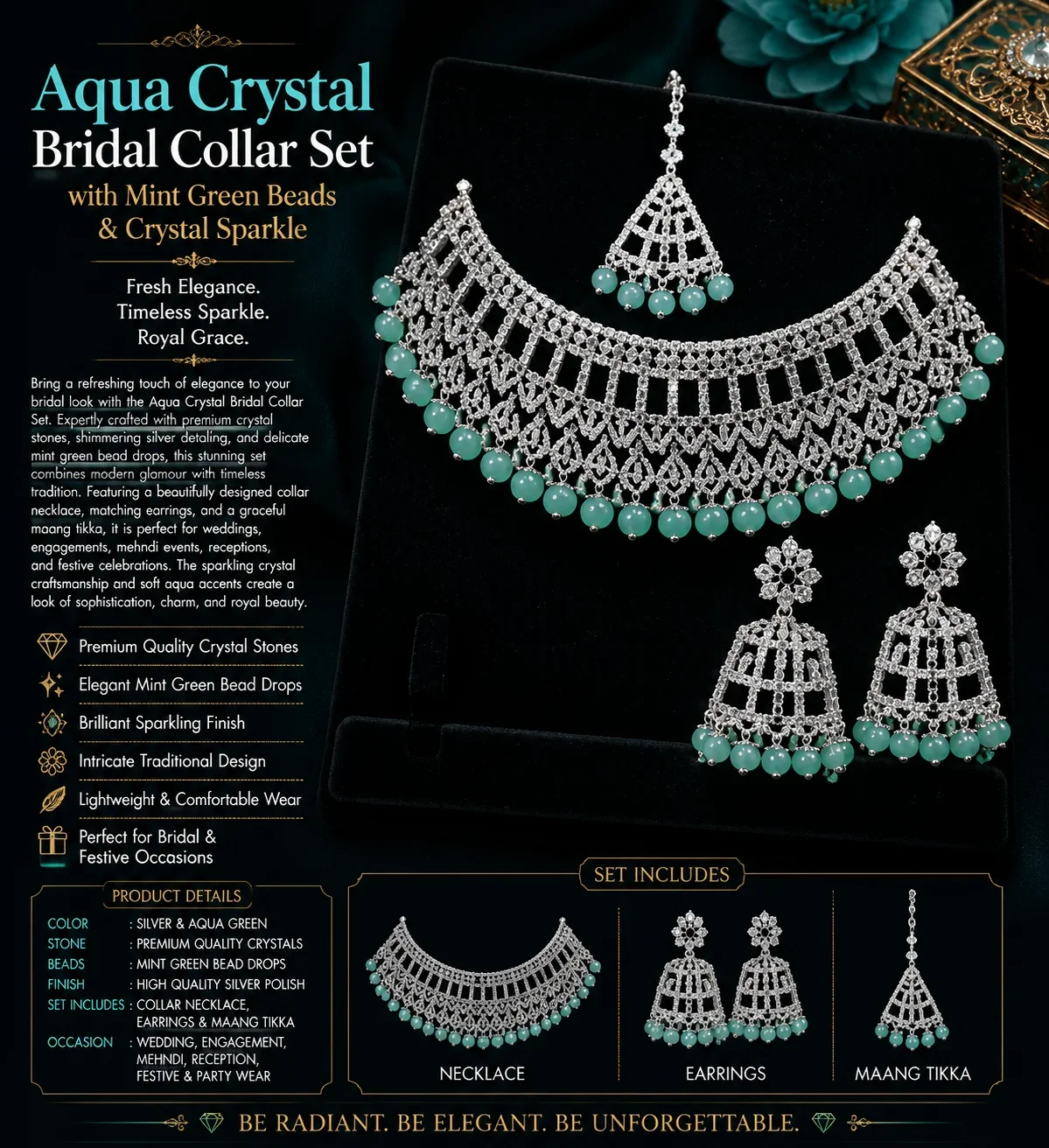 Aqua Crystal Bridal Collar Set
with Mint Green Beads & Crystal Sparkle