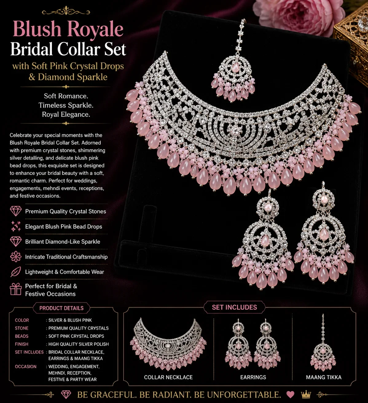 Blush Royale Bridal Collar Set
with Soft Pink Crystal Drops & Diamond Sparkle
