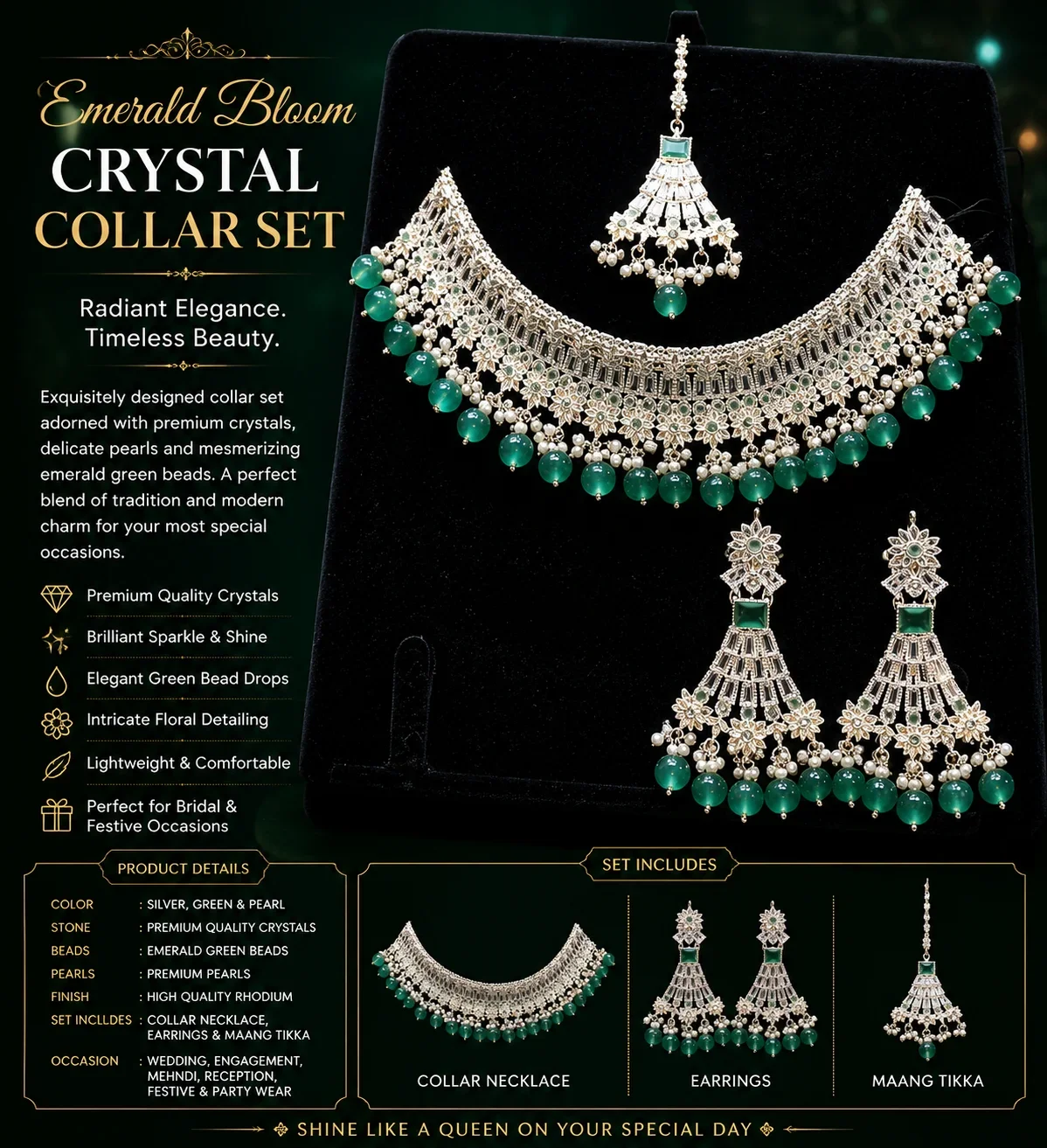 Emerald Bloom Crystal COLLOR Set – Green Bead Statement Jewelry