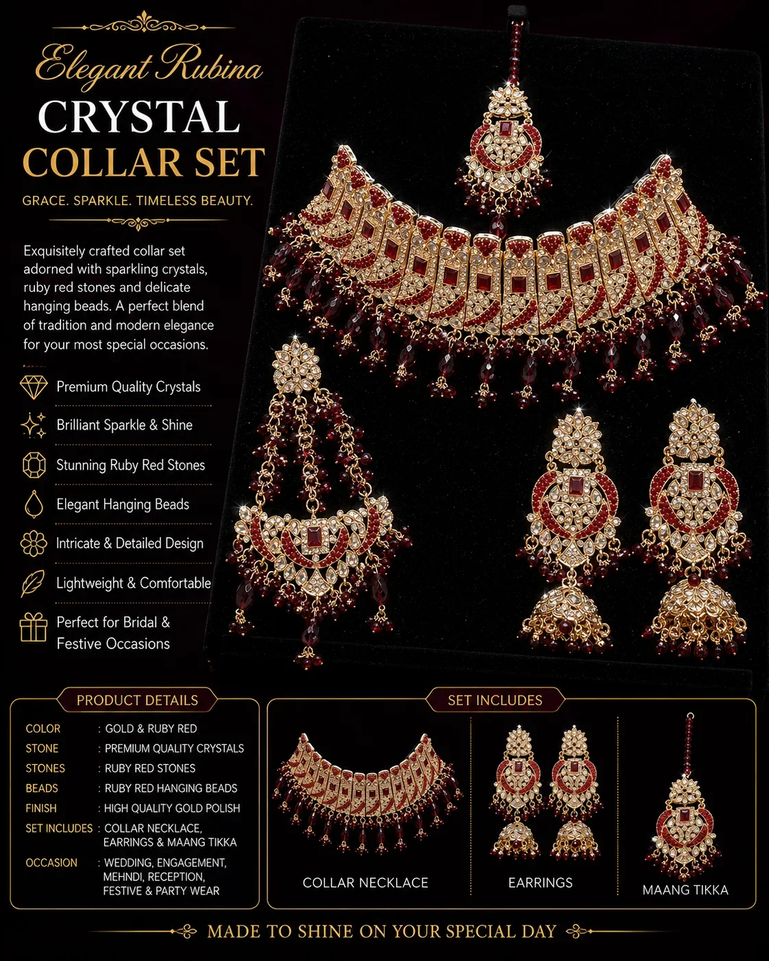 Ruby Royale Bridal Collar Set – Gold Plated Crystal & Maroon Beaded Jewelry Set