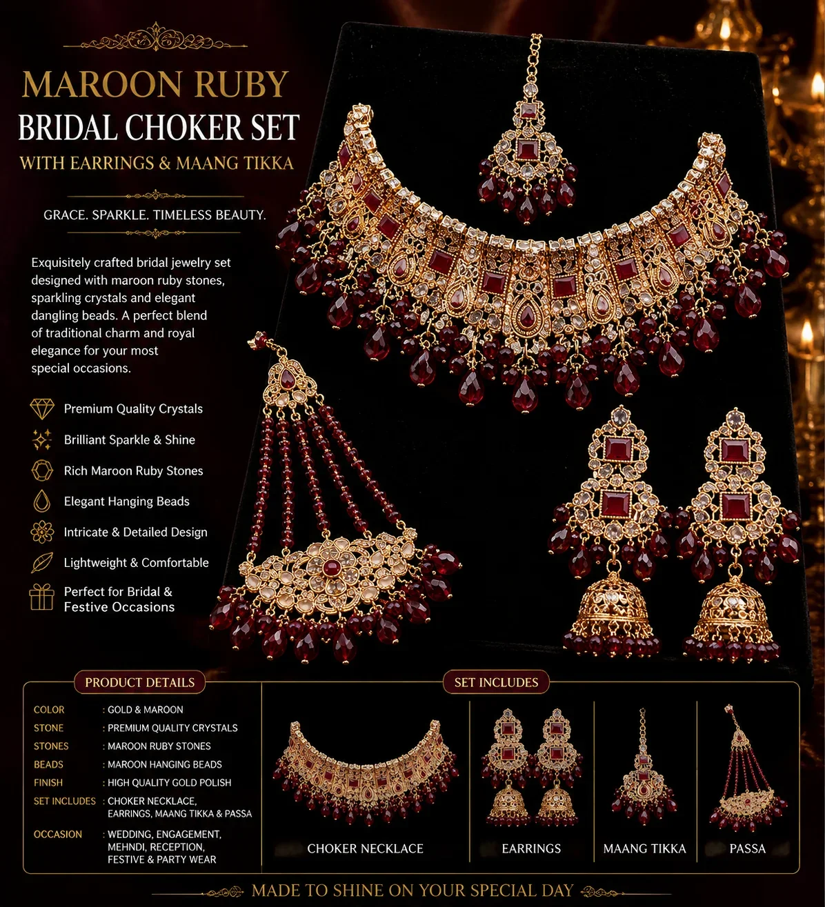 Maroon Ruby Bridal Choker Set with Earrings & Maang Tikka