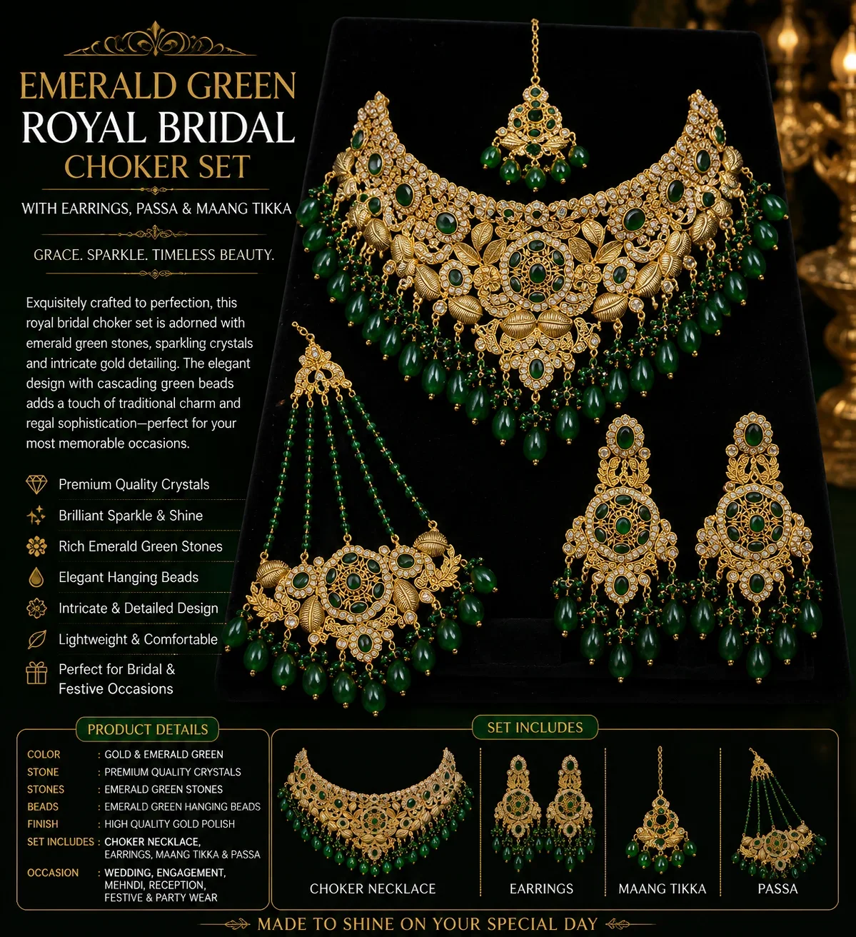 Emerald Green Royal Bridal Choker Set with Earrings, Passa & Maang Tikka