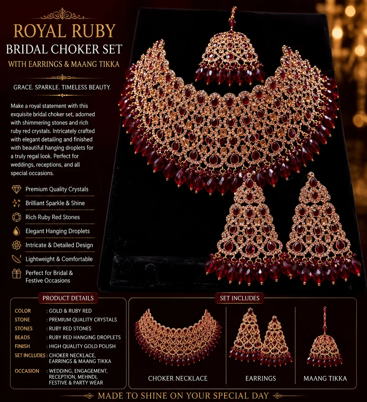 Royal Ruby Red Bridal Choker Set with Earrings & Maang Tikka