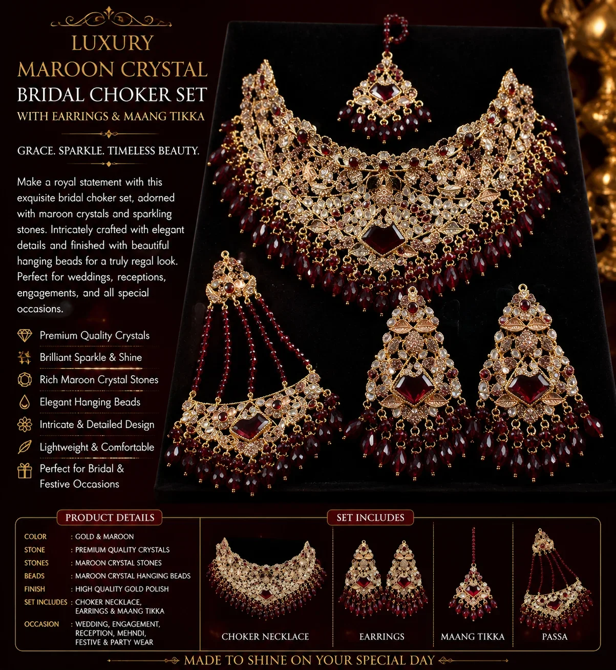 Luxury Maroon Crystal Bridal Choker Set with Earrings & Maang Tikka