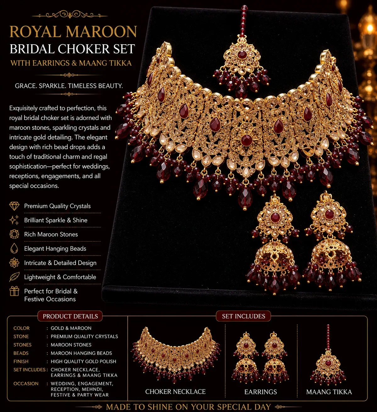 Regal Ruby & Gold Bridal Necklace Set with Earrings