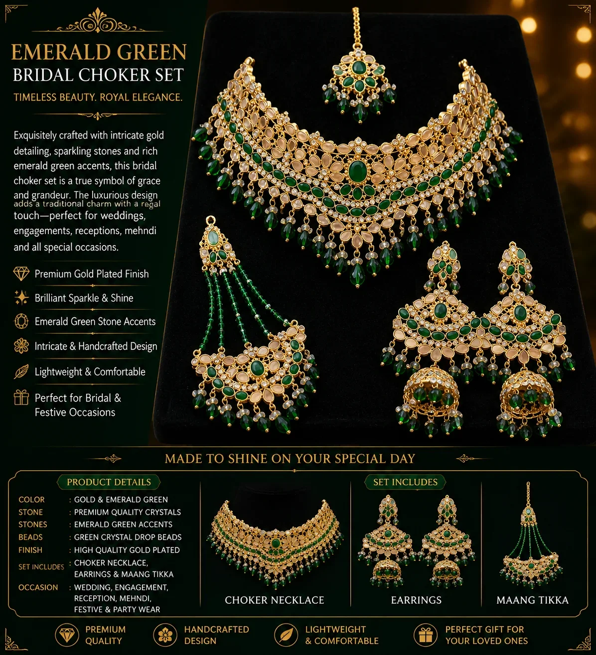 Emerald Green Bridal Choker Set – Royal Gold Crystal Jewelry Set