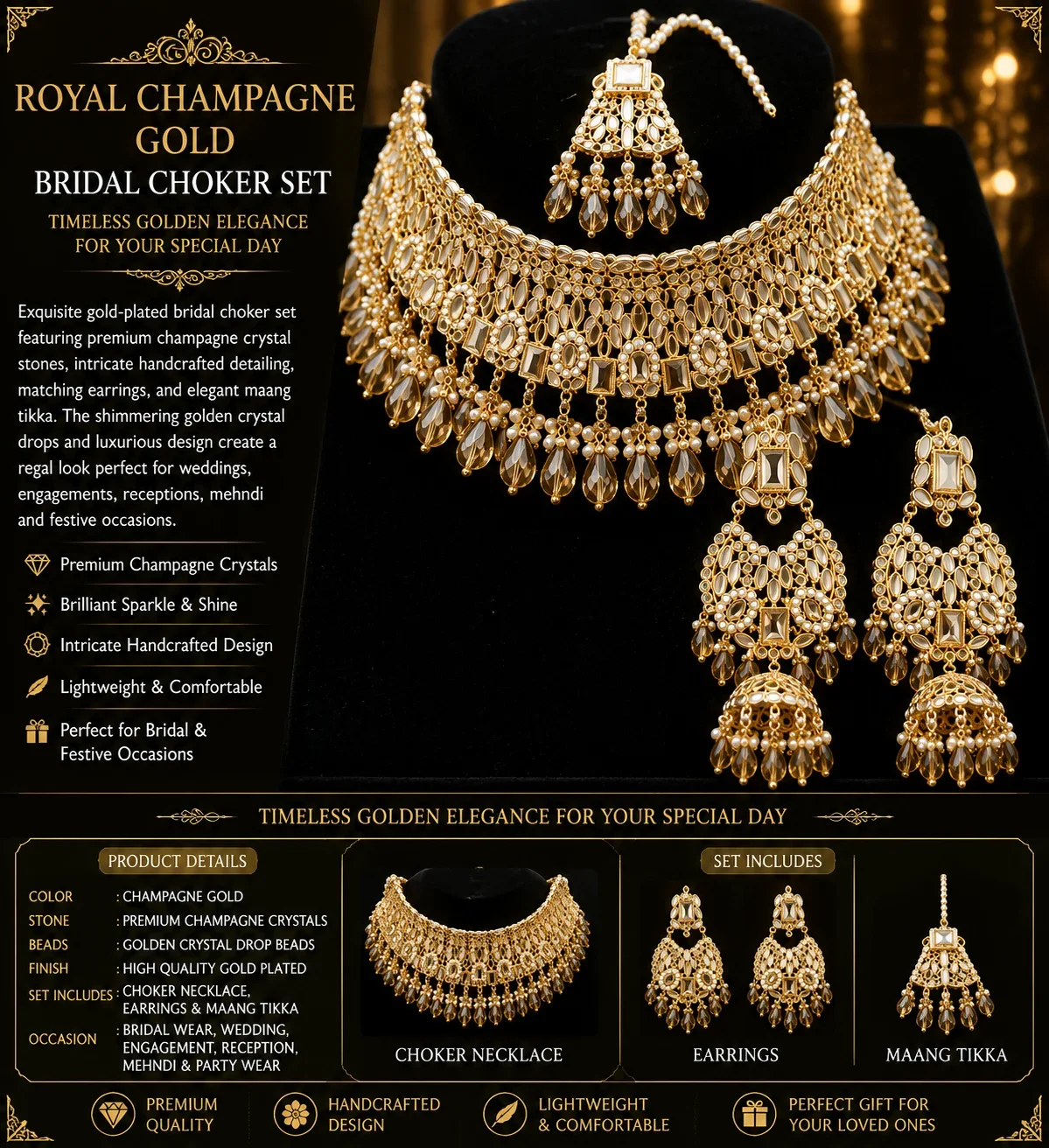Royal Champagne Gold Bridal Collor Set