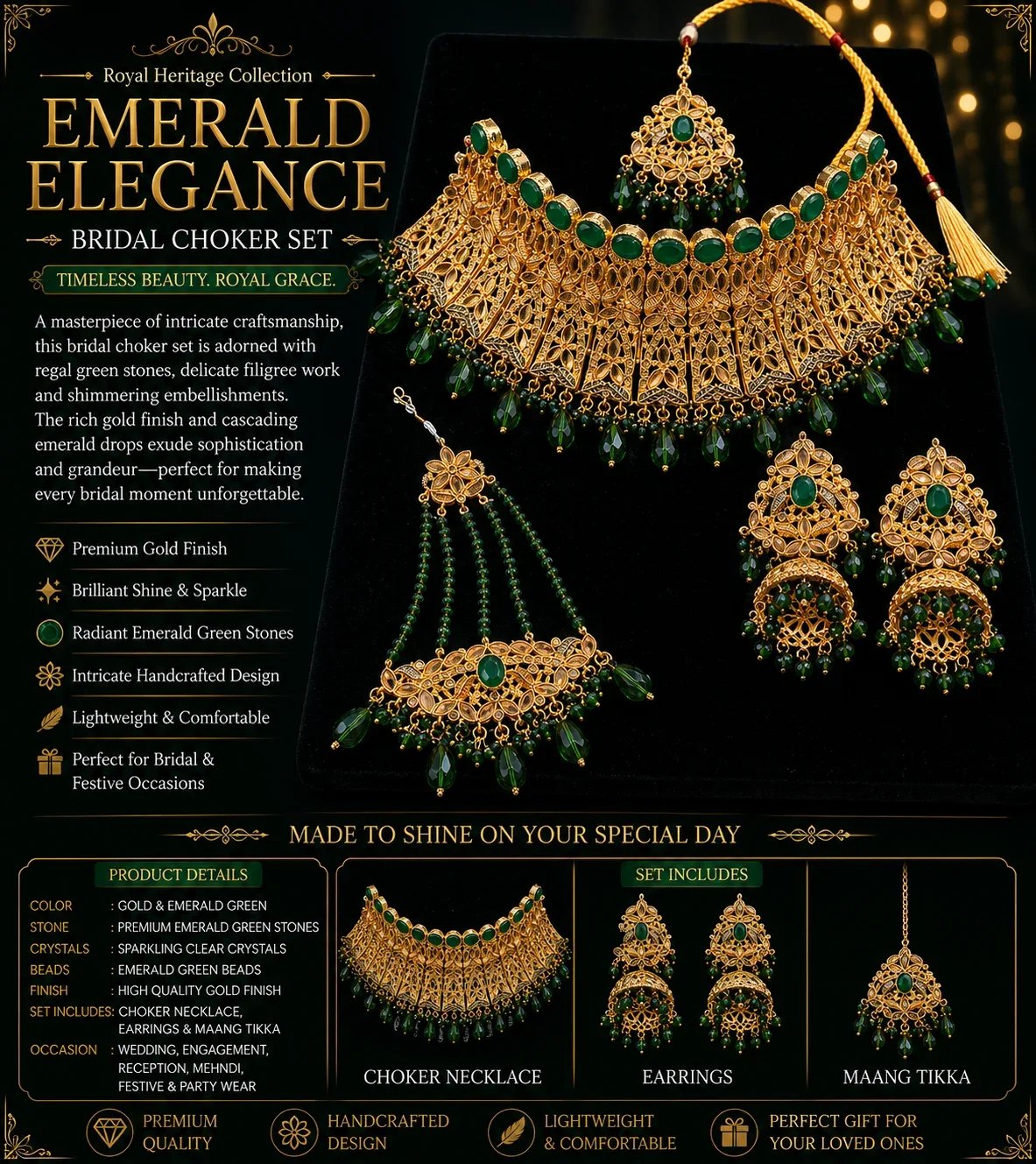 Exquisite Emerald Gold Bridal Jewelry Set