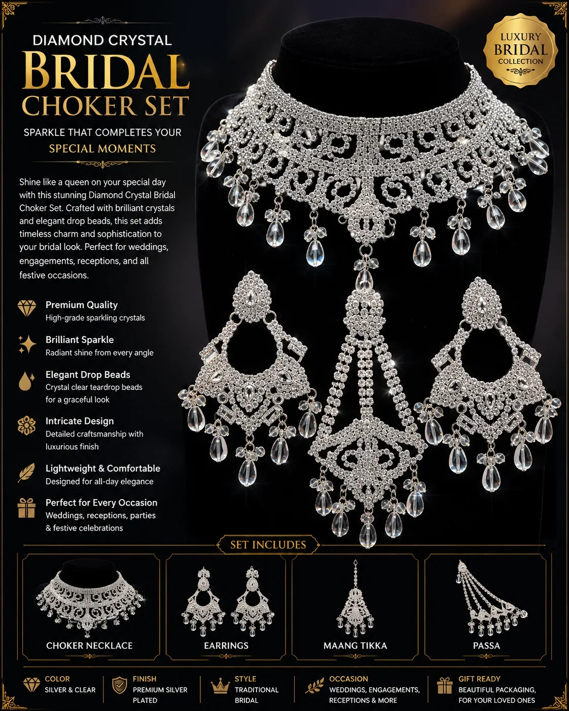 "Elegant Crystal Bridal Set with Earrings and Maang Tikka"