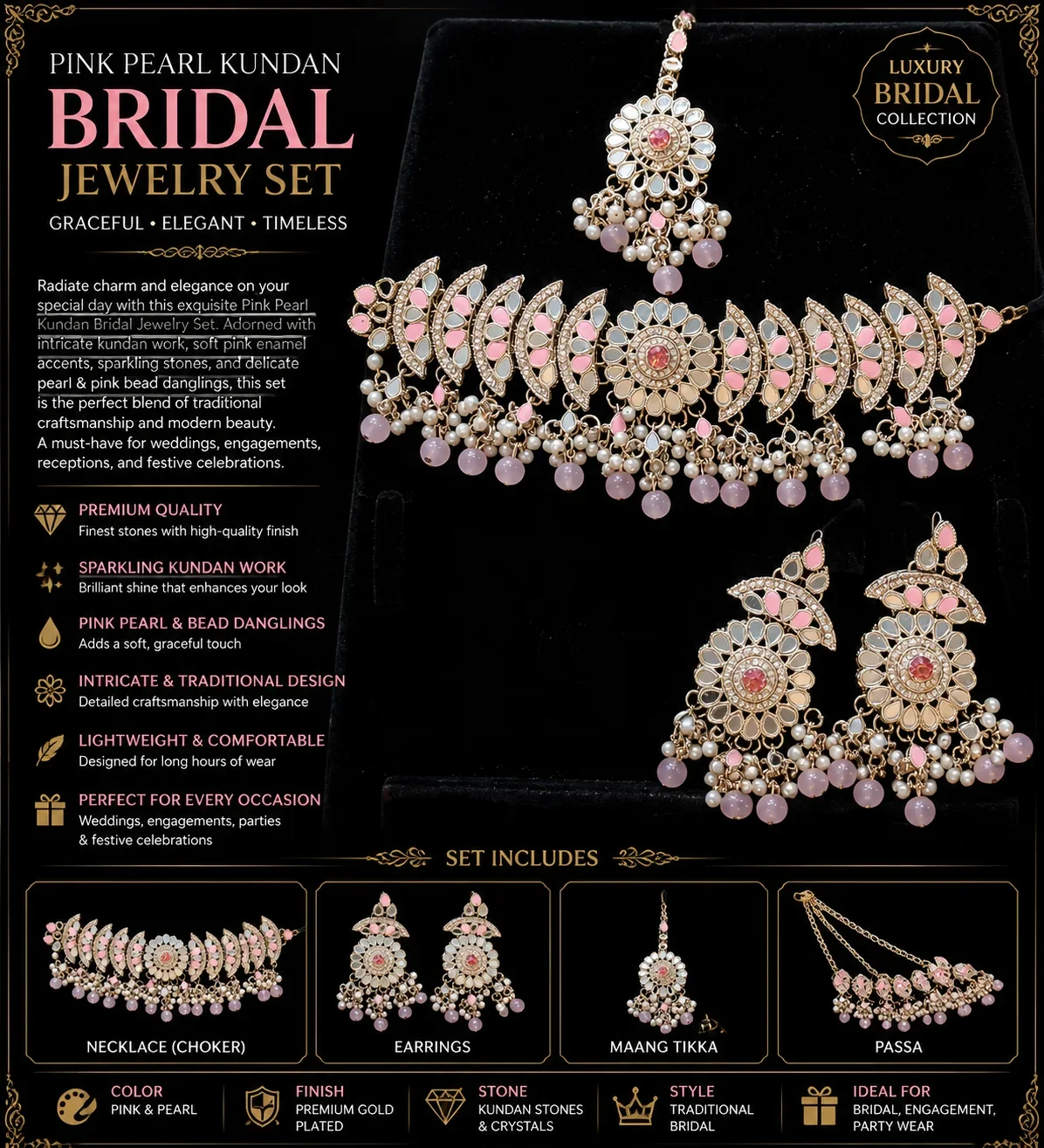 Elegant Pink & Pearl Designer Necklace Set with Matching Earrings and Maang Tikka