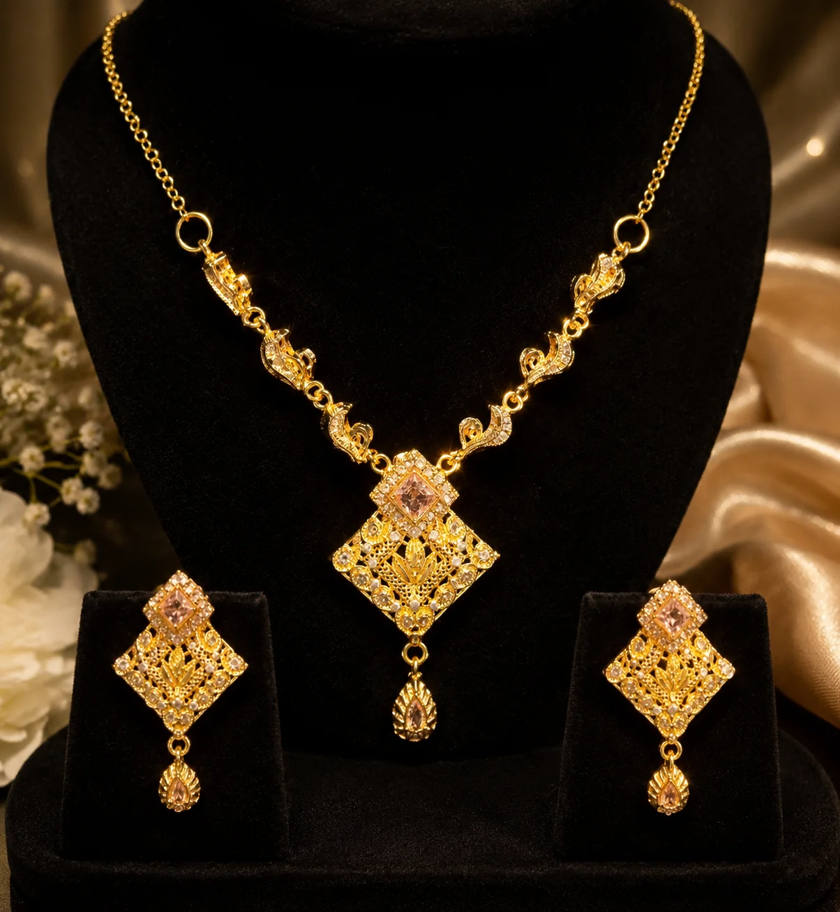 Elegant Gold Filigree Jewelry Set with Pink Gem Accents