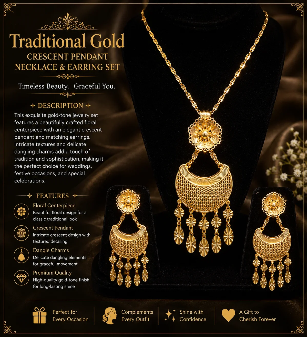 Traditional Gold Crescent Pendant Necklace & Earring Set