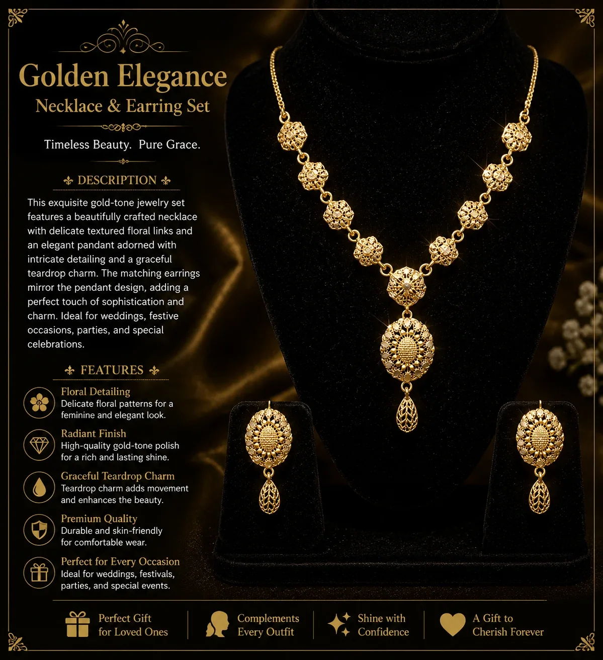Elegant Golden Blossom Necklace & Earrings Set