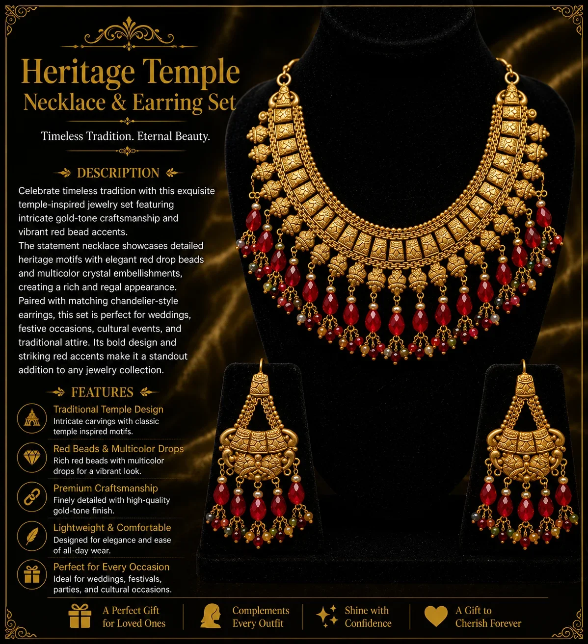 Heritage Temple Necklace & Earring Set with Red Bead Accents