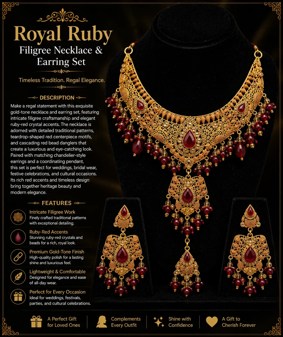 Royal Ruby Filigree Necklace & Earring Set