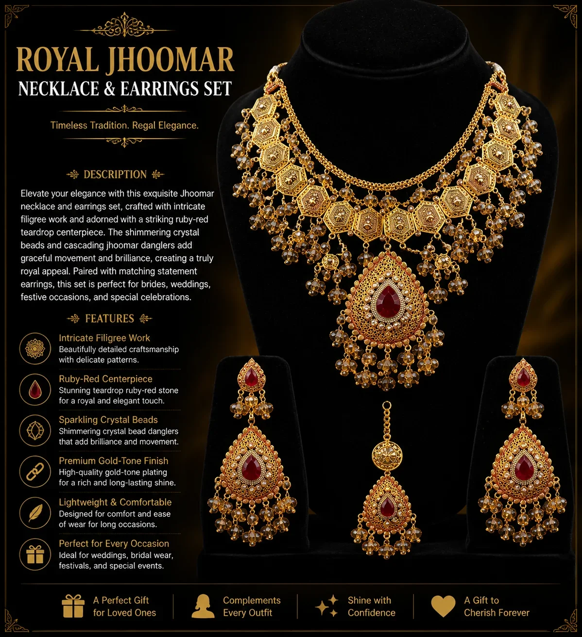 Royal Jhoomar Necklace & Earrings Set with Ruby Red Centerpiece