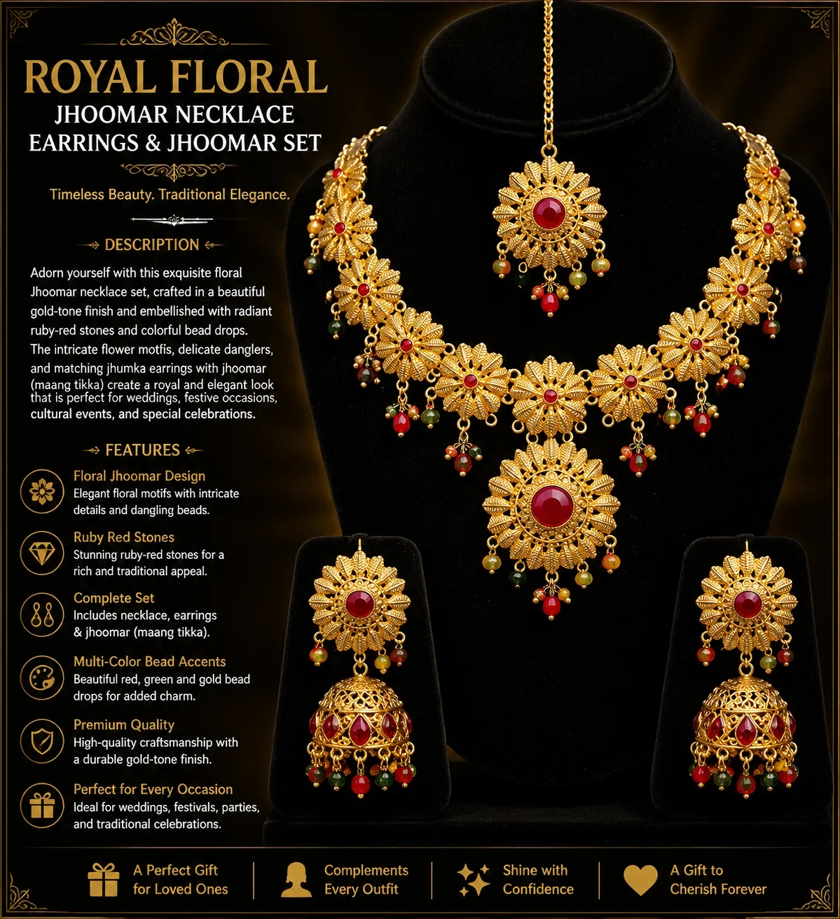 Exquisite Traditional Gold-Plated Necklace with Jhumar Earrings Set