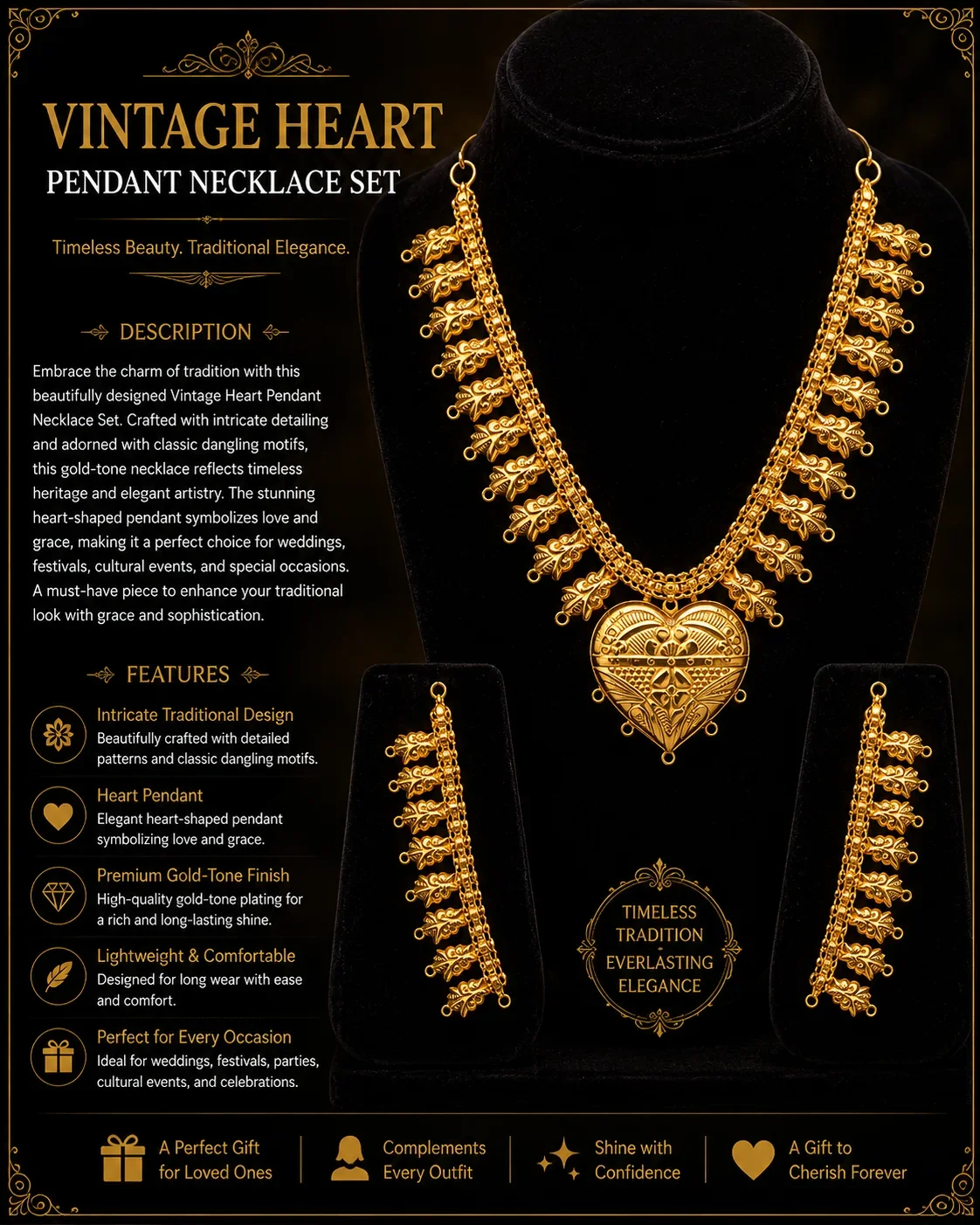 Vintage Heart Pendant Necklace Set