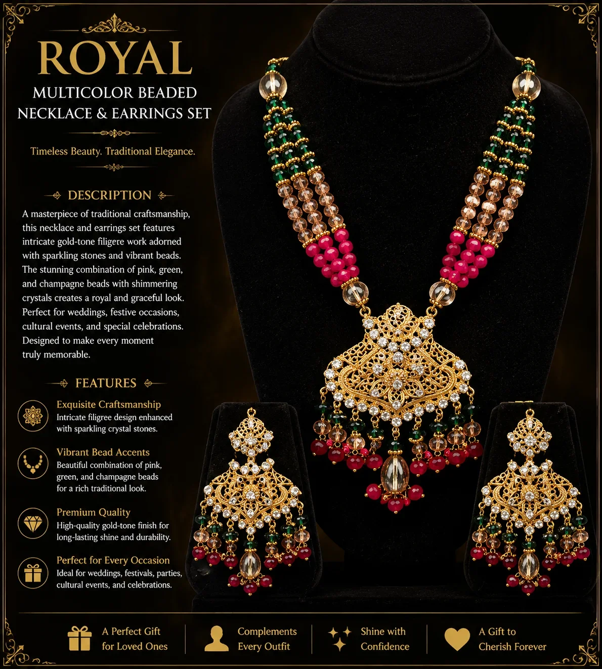 Royal Multicolor Beaded Necklace & Earrings Set