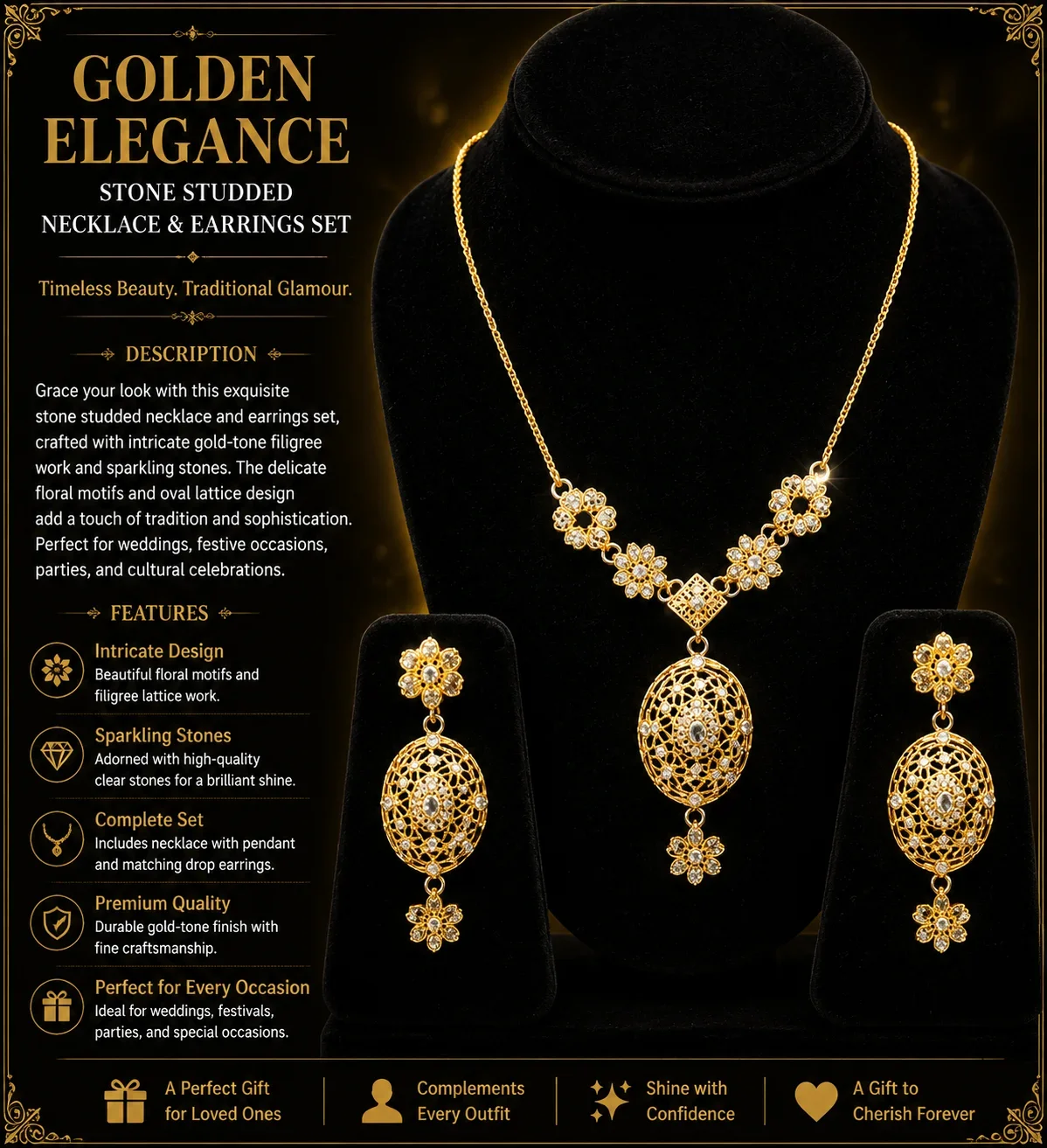 Elegant Gold Filigree Jewelry Set with Pendant and Earrings