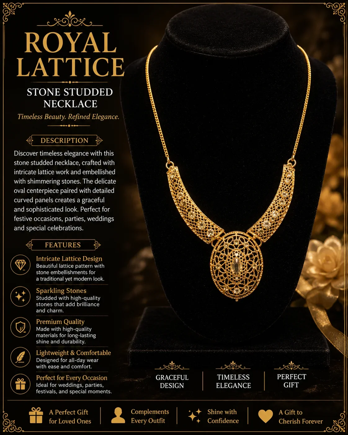 Elegant Gold Filigree Necklace with Sparkling Stones