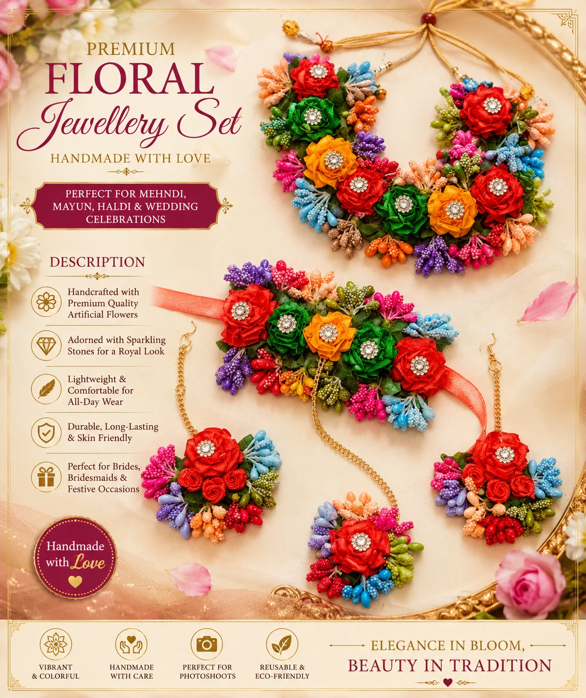 Premium Multicolor Floral Jewelry Set – Handmade Bridal Mehndi & Mayun Accessories