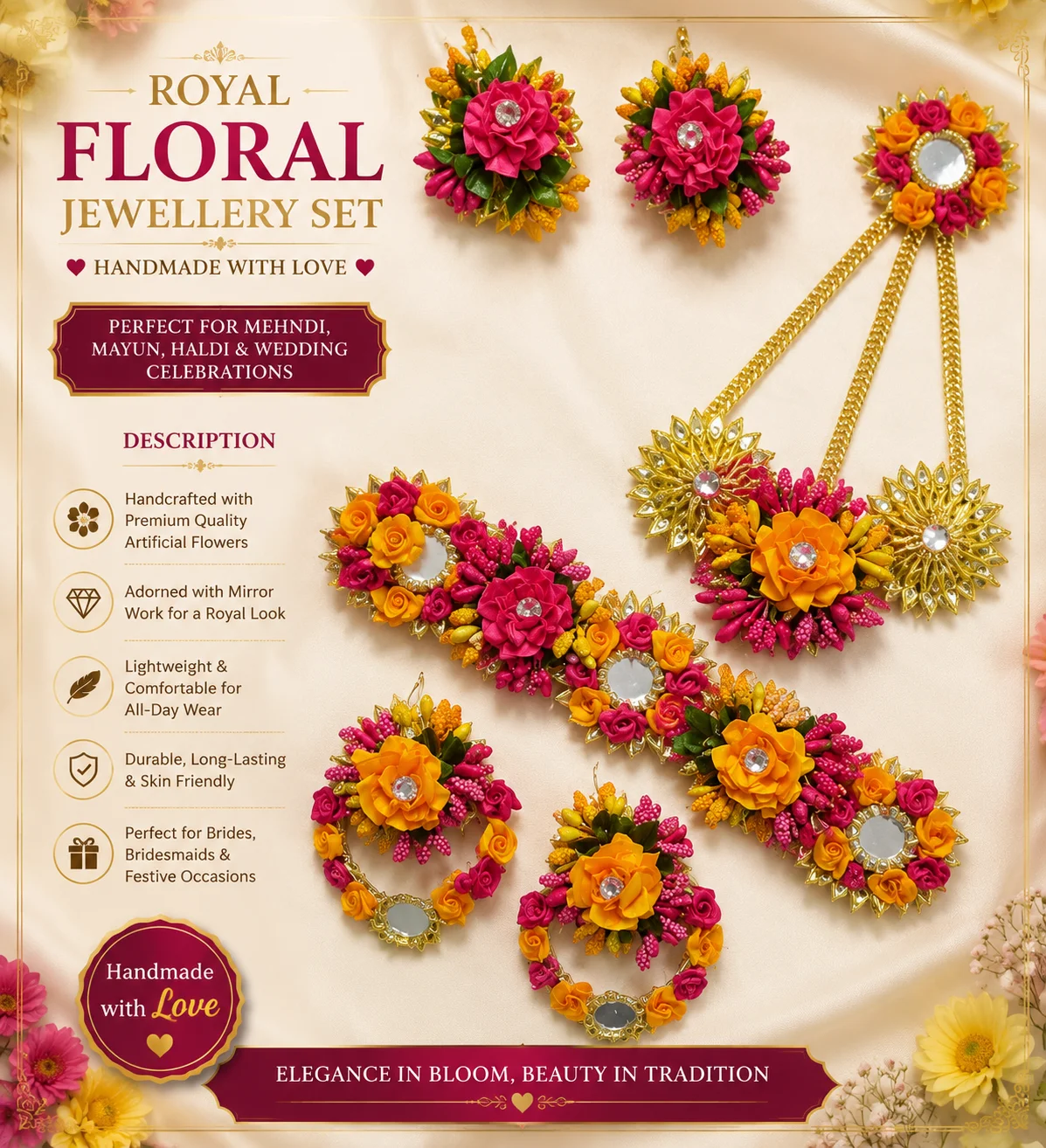 Royal Mirror Floral Jewelry Set – Handmade Mehndi, Mayun & Haldi Accessories
