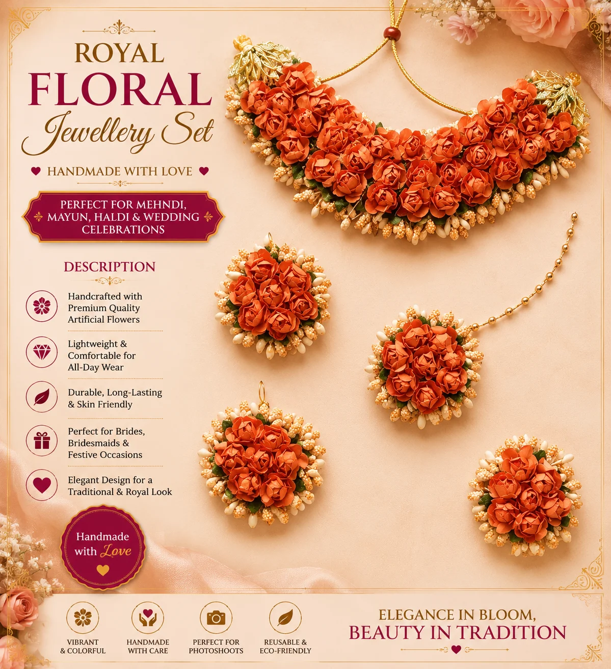 Exquisite Handcrafted Floral Jewelry Set – Vibrant Orange Elegance