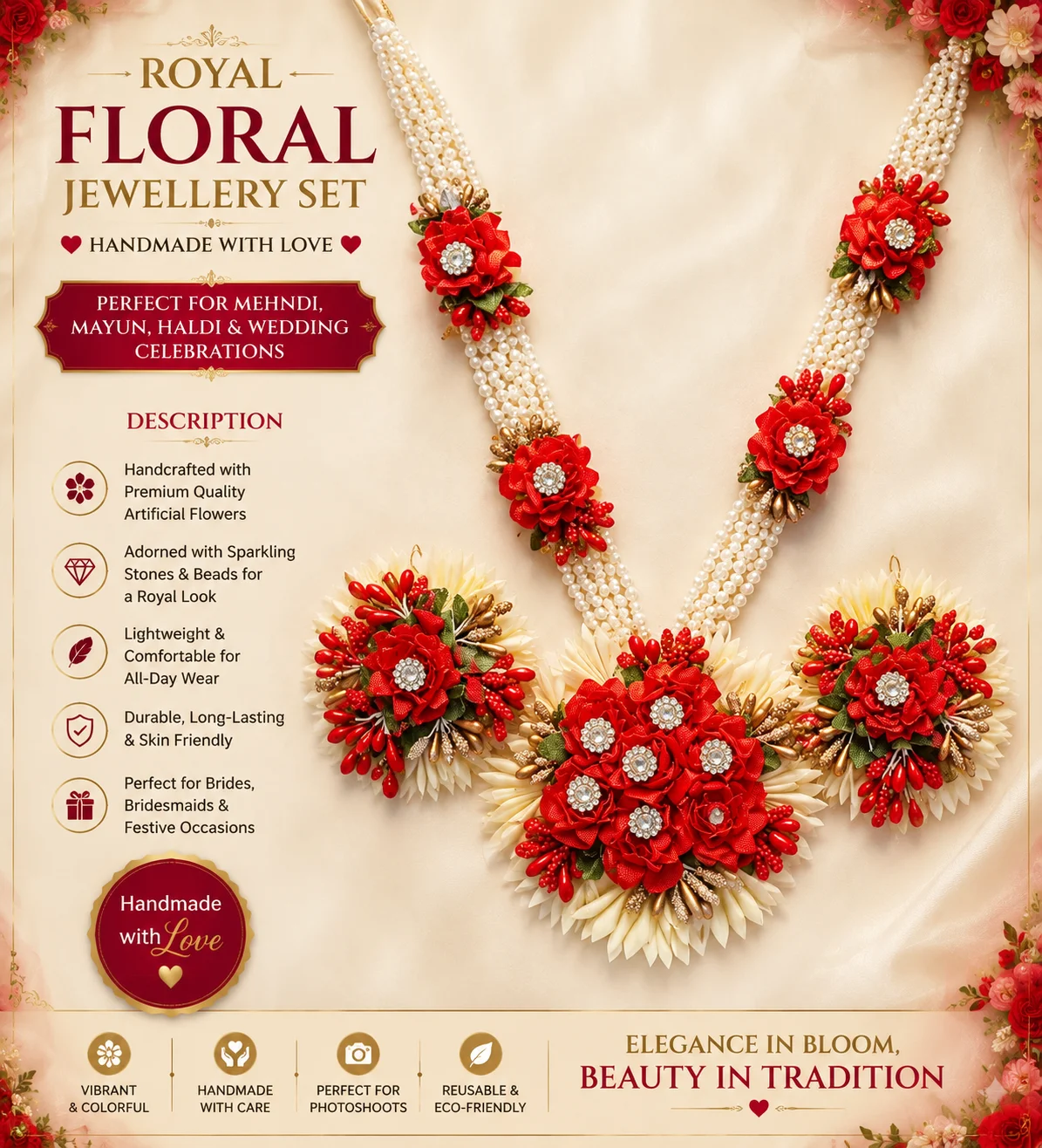 Elegant Red Floral Pearl Necklace Set