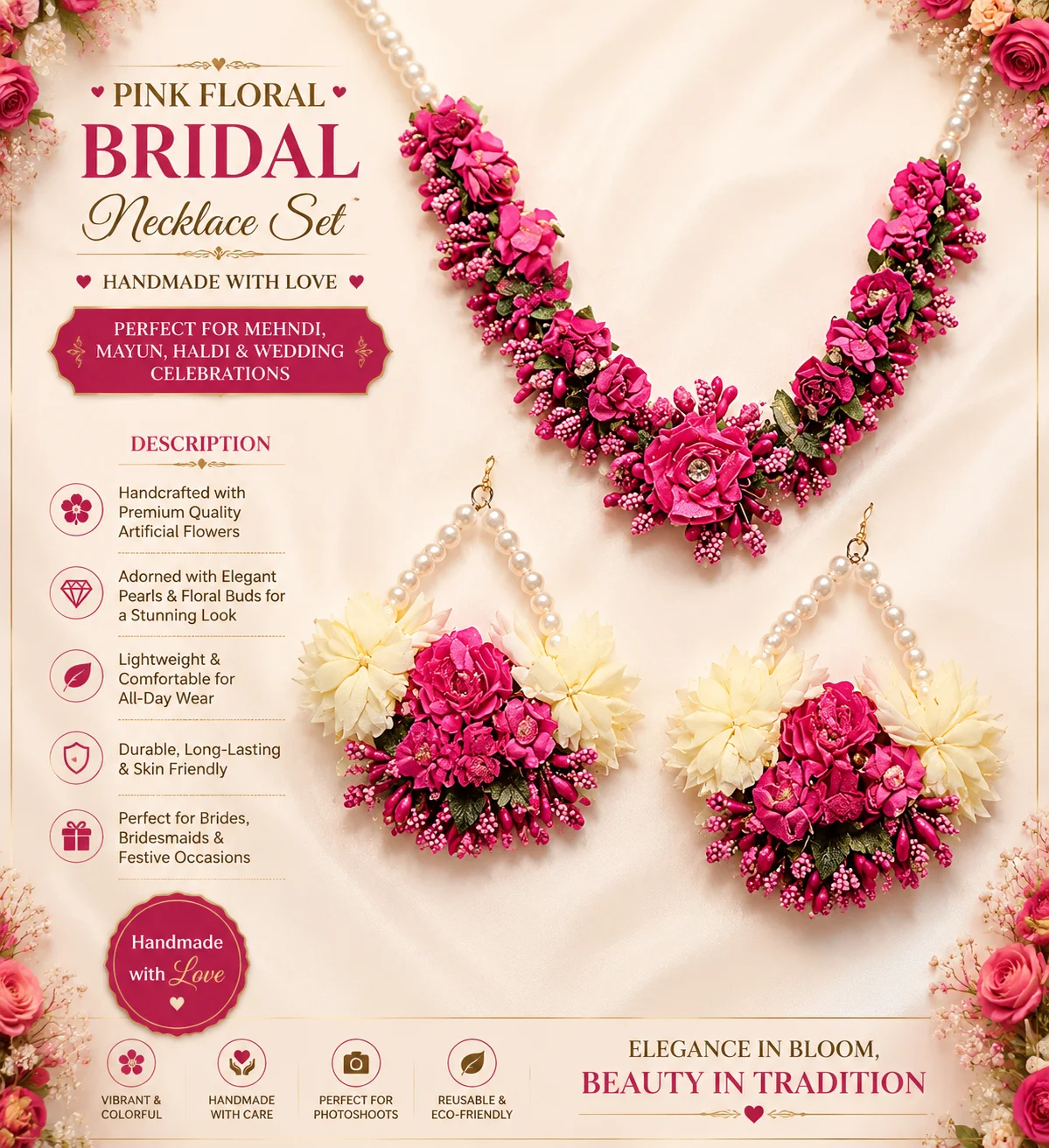 Pink Floral Bridal Necklace Set – Handmade Mehndi & Mayun Jewelry