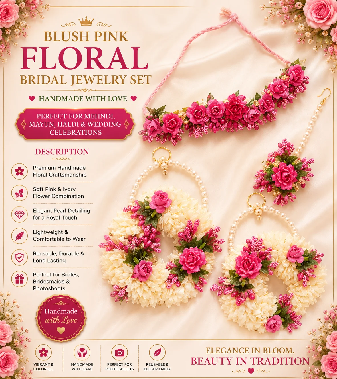 Blush Pink Floral Bridal Jewelry Set – Handmade Mehndi & Mayun Accessories
