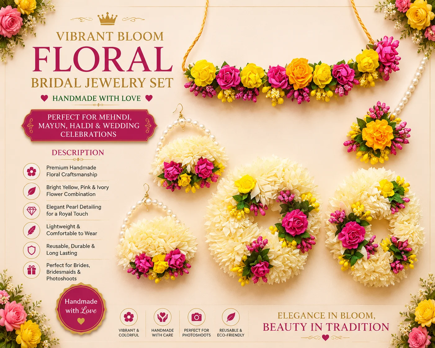 Sunshine Floral Bridal Jewelry Set – Yellow, Pink & Ivory Handmade Accessories