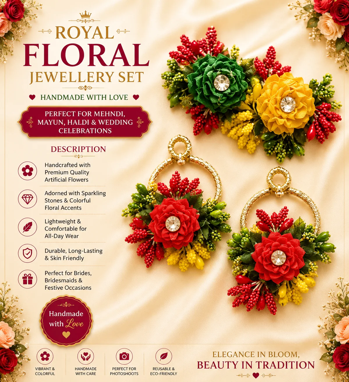 Elegant Floral Jewelry Set – Red & Green Bloom