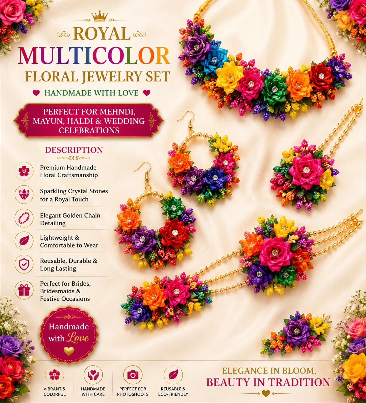 Royal Multicolor Floral Jewelry Set – Handmade Mehndi & Mayun Bridal Accessorie