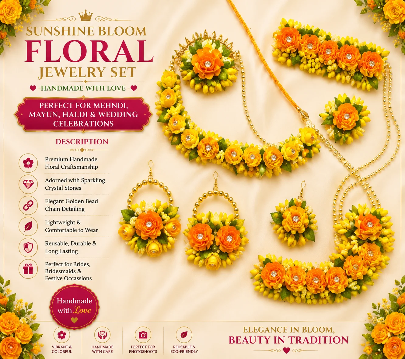 Golden Sunshine Floral Jewelry Set – Yellow & Orange Handmade Bridal Accessories
